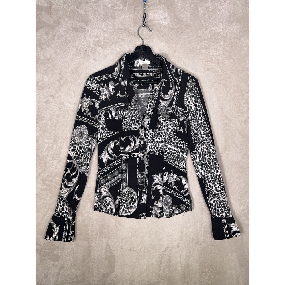 Cache Baroque Shirt Womens XS Black Vintage Y2K Leopard Maximalist Print USA